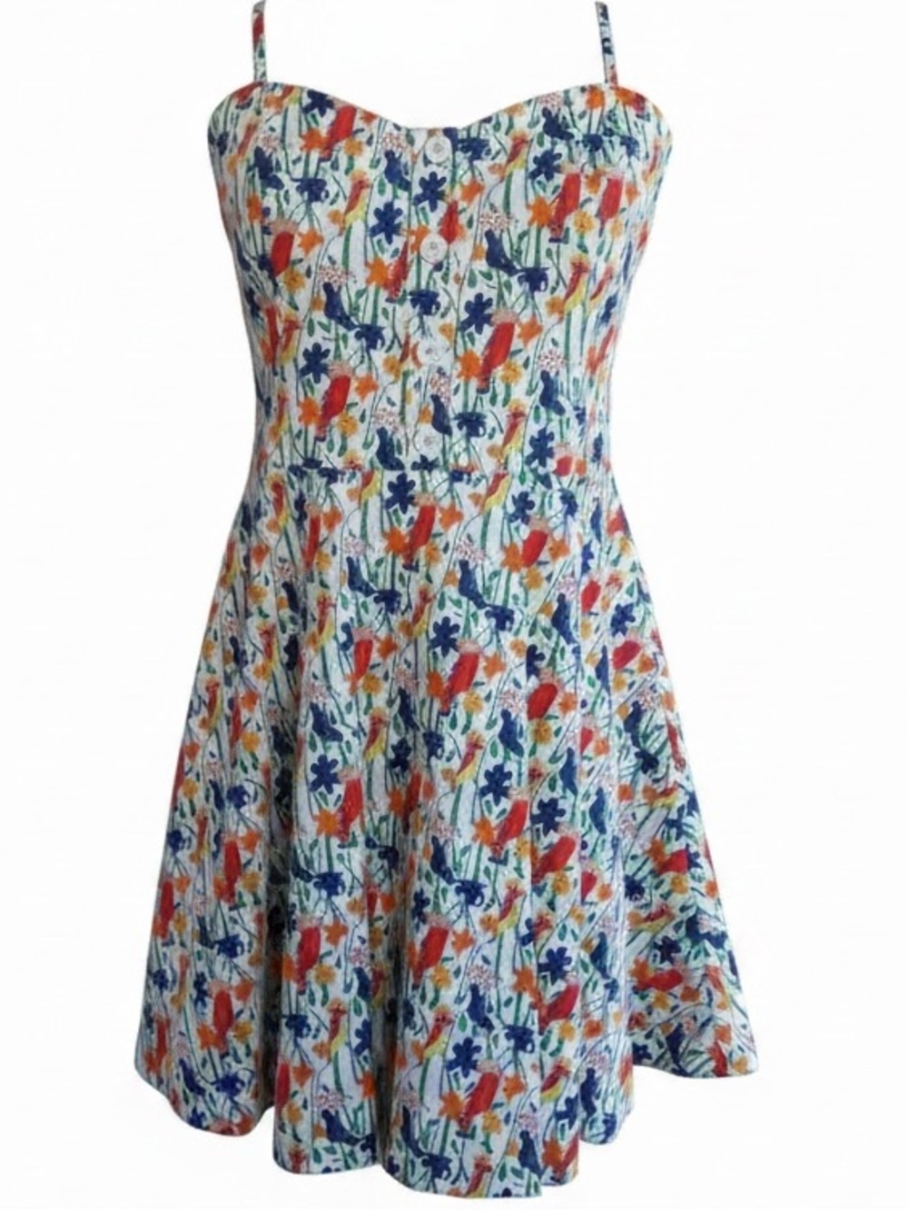 Alice + Olivia Nella Button Front Dress Mini Fit & Flare Bird Print Sz 2 NWOT